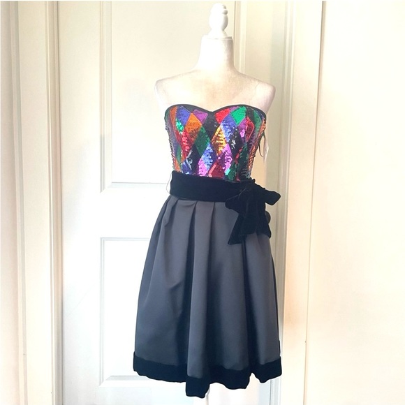 Vintage Dresses & Skirts - VTG Julie Duroche X After Five Harlequin sequin Strapless Cocktail Party Dress